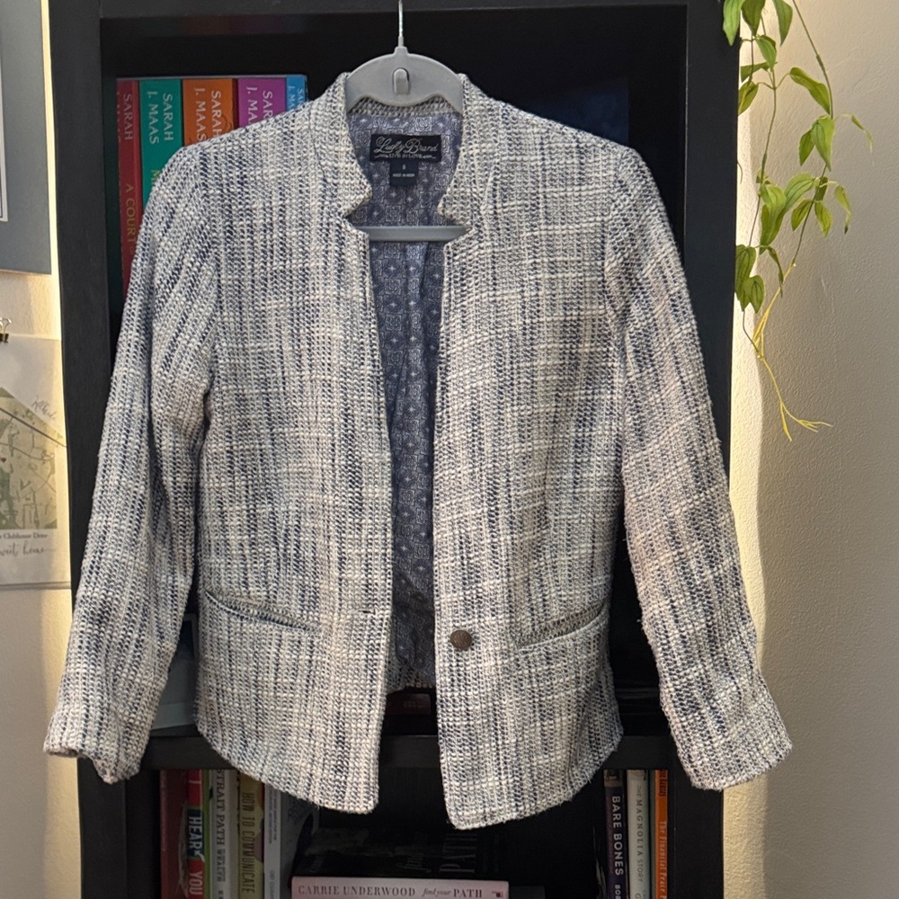 Lucky Navy & White Tweed Collarless Blazer